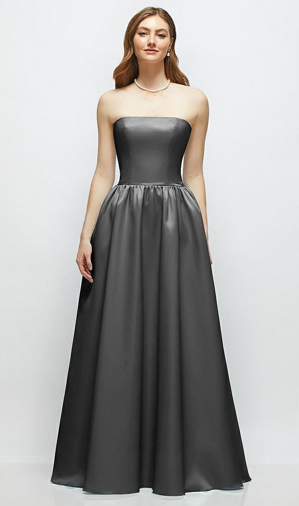 Front View - Gunmetal Strapless Satin Drop Waist Gown with Full Skirt