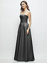 Side View Thumbnail - Gunmetal Strapless Satin Drop Waist Gown with Full Skirt