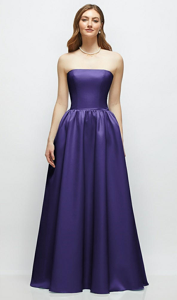 Front View - Grape Strapless Satin Drop Waist Gown with Full Skirt