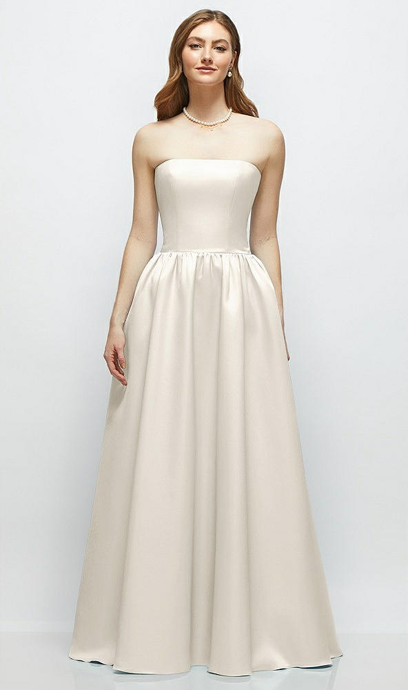 Front View - Ivory Strapless Satin Drop Waist Gown with Full Skirt