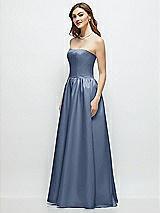 Side View Thumbnail - Larkspur Blue Strapless Satin Drop Waist Gown with Full Skirt