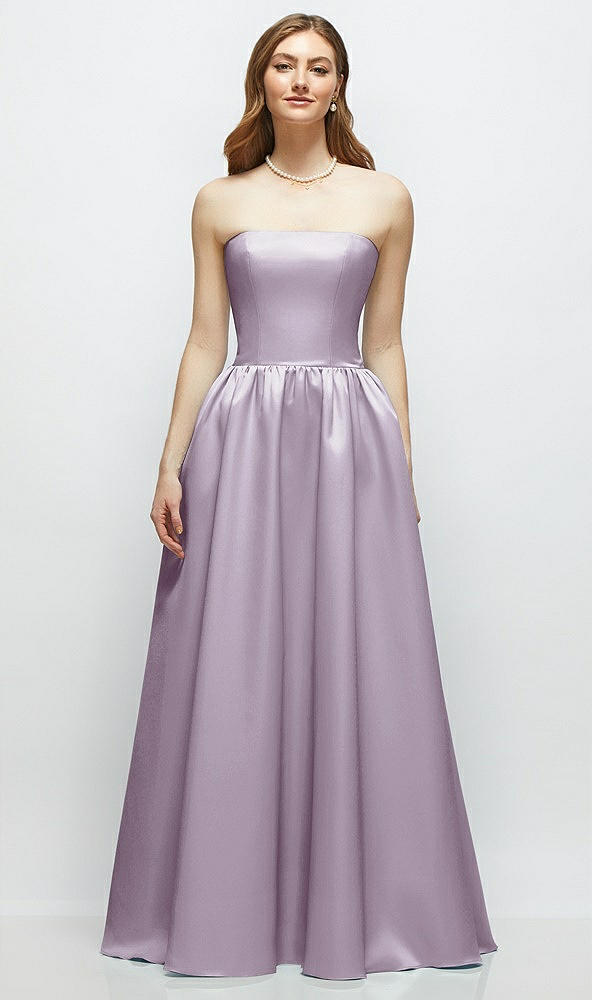 Front View - Lilac Haze Strapless Satin Drop Waist Gown with Full Skirt