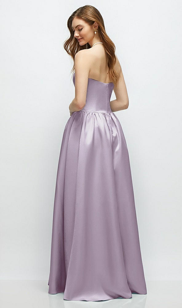 Back View - Lilac Haze Strapless Satin Drop Waist Gown with Full Skirt