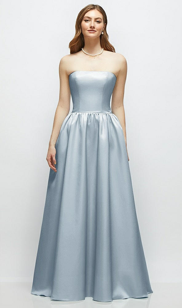 Front View - Mist Strapless Satin Drop Waist Gown with Full Skirt