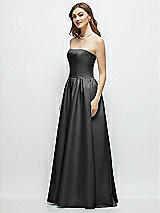 Side View Thumbnail - Pewter Strapless Satin Drop Waist Gown with Full Skirt