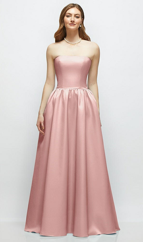 Front View - Rose Strapless Satin Drop Waist Gown with Full Skirt