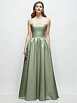 Front View Thumbnail - Sage Strapless Satin Drop Waist Gown with Full Skirt