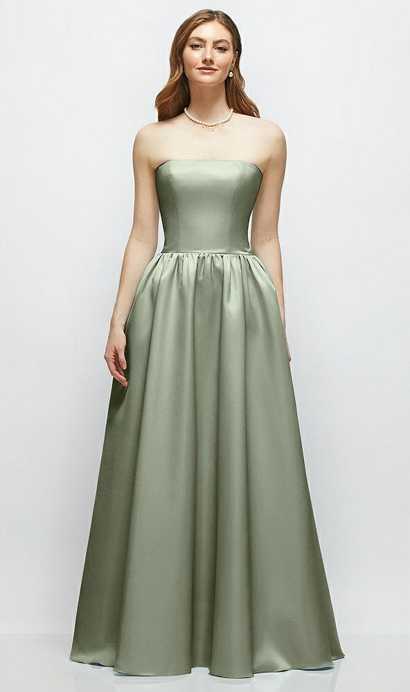 Front View - Sage Strapless Satin Drop Waist Gown with Full Skirt