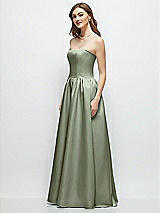 Side View Thumbnail - Sage Strapless Satin Drop Waist Gown with Full Skirt