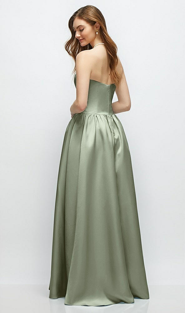 Back View - Sage Strapless Satin Drop Waist Gown with Full Skirt