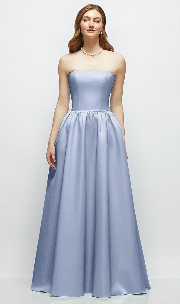 Front View - Sky Blue Strapless Satin Drop Waist Gown with Full Skirt