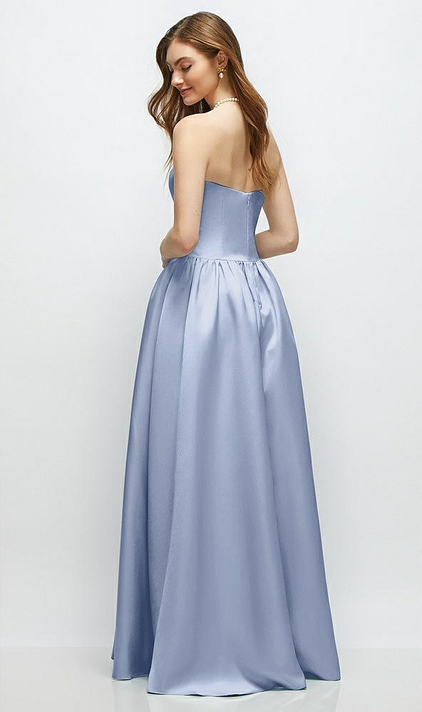 Back View - Sky Blue Strapless Satin Drop Waist Gown with Full Skirt