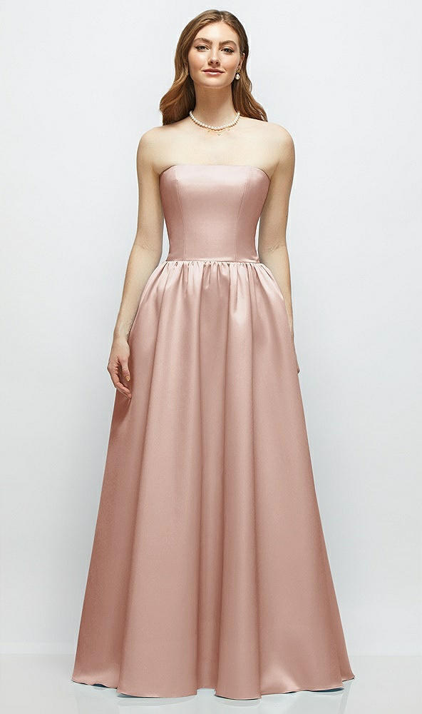 Front View - Toasted Sugar Strapless Satin Drop Waist Gown with Full Skirt