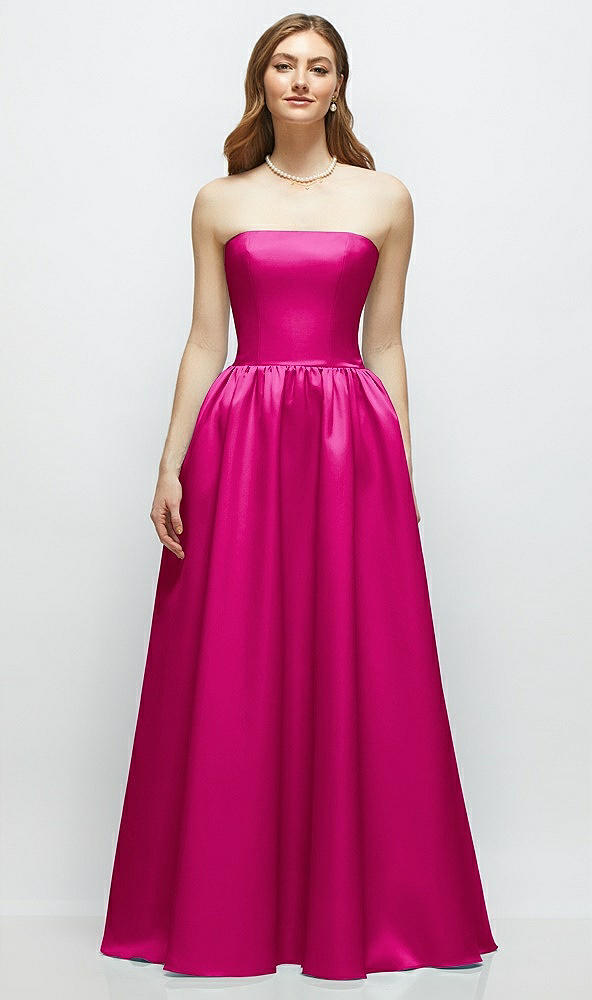 Front View - Think Pink Strapless Satin Drop Waist Gown with Full Skirt