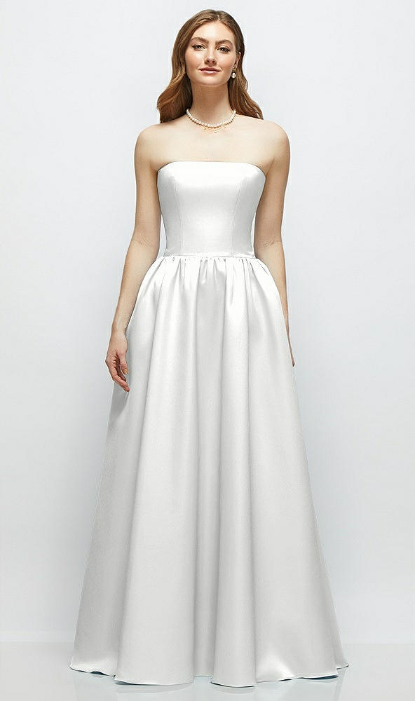 Front View - White Strapless Satin Drop Waist Gown with Full Skirt