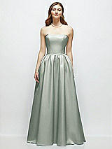 Front View Thumbnail - Willow Green Strapless Satin Drop Waist Gown with Full Skirt