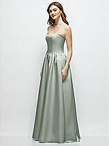 Side View Thumbnail - Willow Green Strapless Satin Drop Waist Gown with Full Skirt