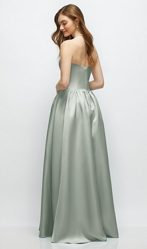 Back View - Willow Green Strapless Satin Drop Waist Gown with Full Skirt