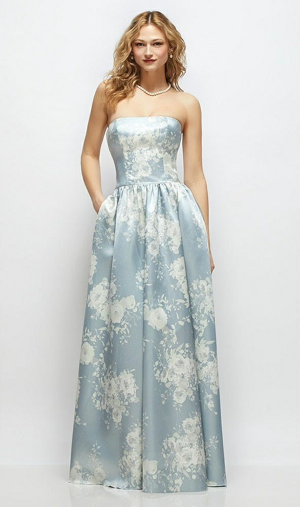 Front View - Porcelain Blue Seraphina Floral Floral Strapless Satin Drop Waist Gown with Full Skirt