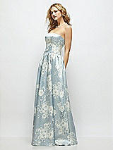 Side View Thumbnail - Porcelain Blue Seraphina Floral Floral Strapless Satin Drop Waist Gown with Full Skirt