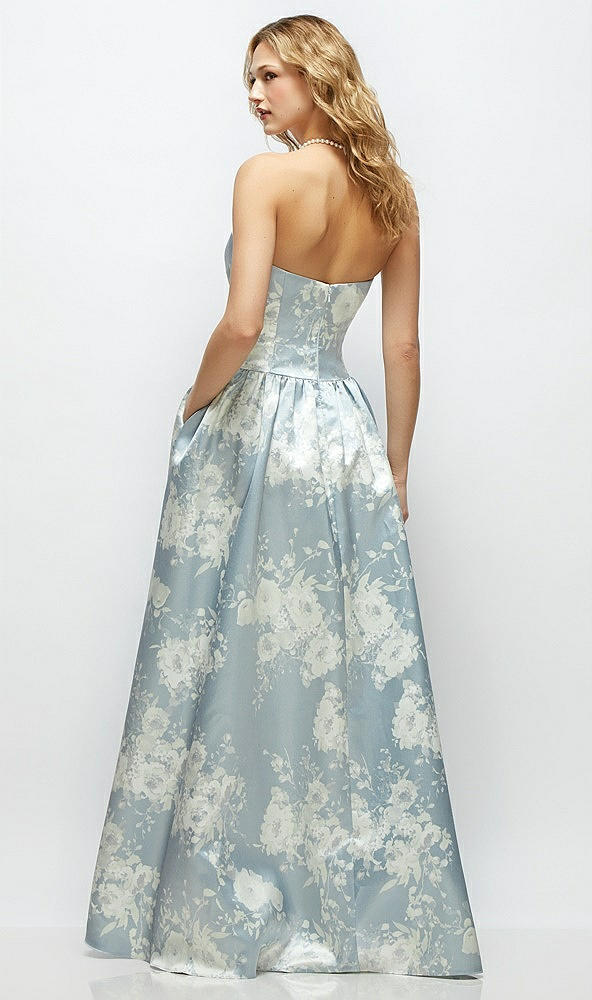 Back View - Porcelain Blue Seraphina Floral Floral Strapless Satin Drop Waist Gown with Full Skirt