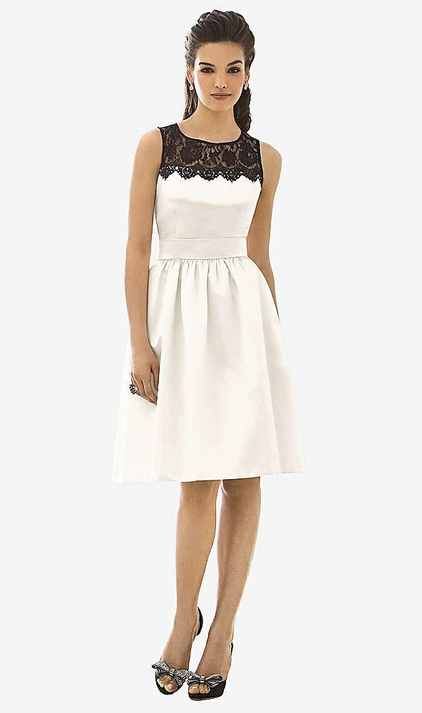 Front View - Ivory Lace Neck Midi Satin Sleeveless Dress