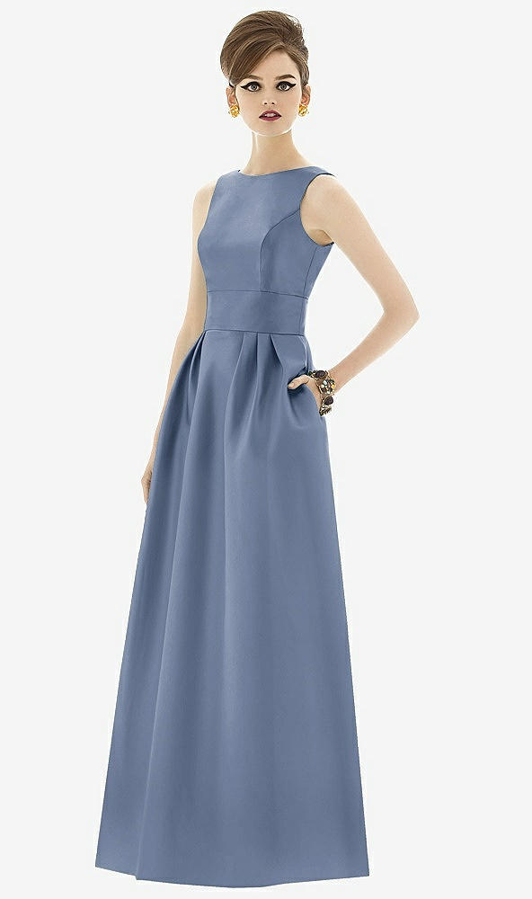 Front View - Larkspur Blue Alfred Sung Open Back Satin Twill Gown D661