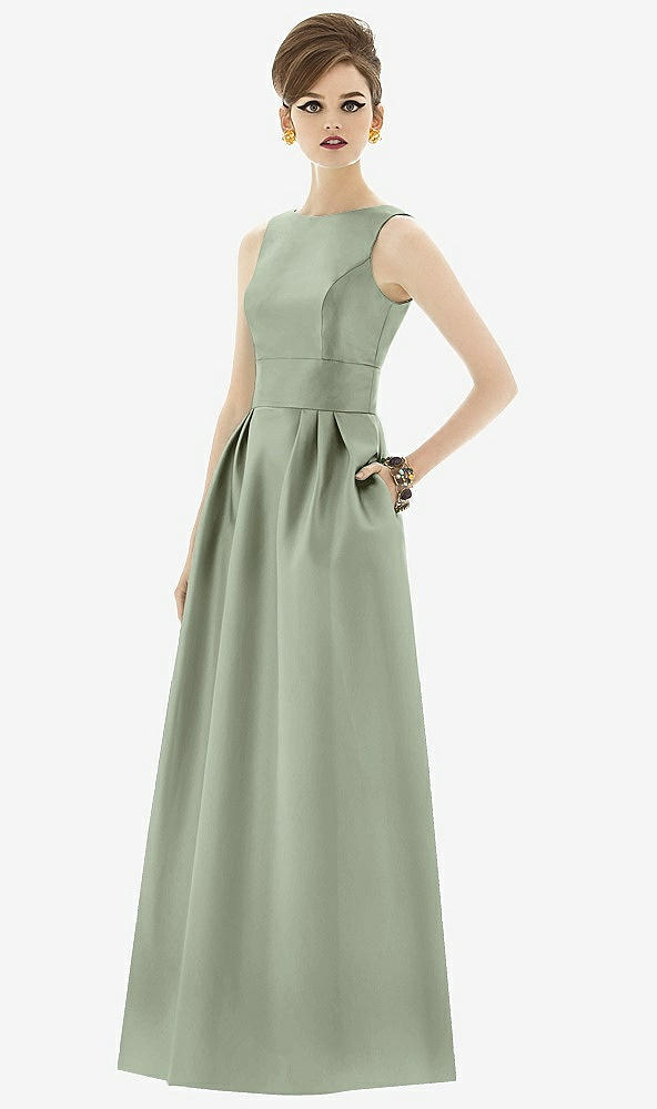 Front View - Sage Alfred Sung Open Back Satin Twill Gown D661