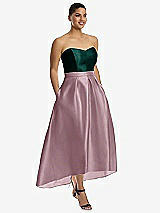 Front View Thumbnail - Dusty Rose & Evergreen Strapless Satin High Low Dress with Pockets