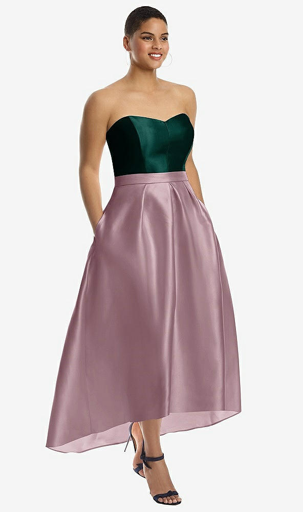Front View - Dusty Rose & Evergreen Strapless Satin High Low Dress with Pockets