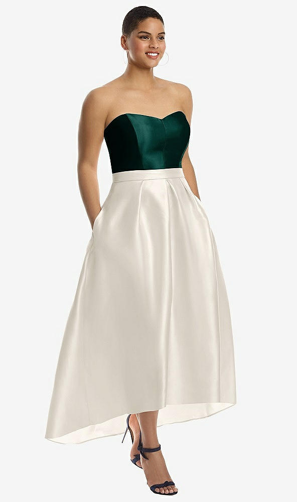 Front View - Ivory & Evergreen Strapless Satin High Low Dress with Pockets