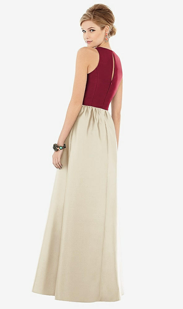 Back View - Champagne & Burgundy Sleeveless Keyhole Back Satin Maxi Dress