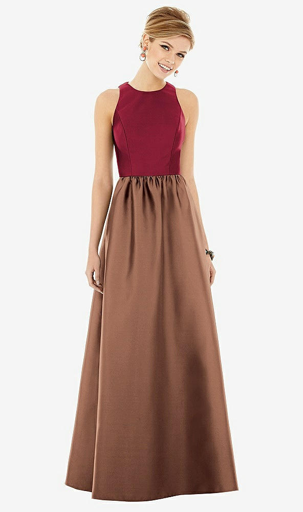 Front View - Cognac & Burgundy Sleeveless Keyhole Back Satin Maxi Dress