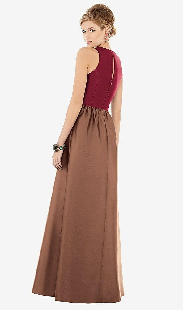 Back View - Cognac & Burgundy Sleeveless Keyhole Back Satin Maxi Dress
