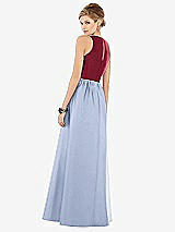 Rear View Thumbnail - Sky Blue & Burgundy Sleeveless Keyhole Back Satin Maxi Dress