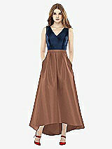 Front View Thumbnail - Cognac & Midnight Navy Sleeveless Pleated Skirt High Low Dress with Pockets