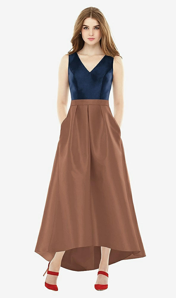Front View - Cognac & Midnight Navy Sleeveless Pleated Skirt High Low Dress with Pockets