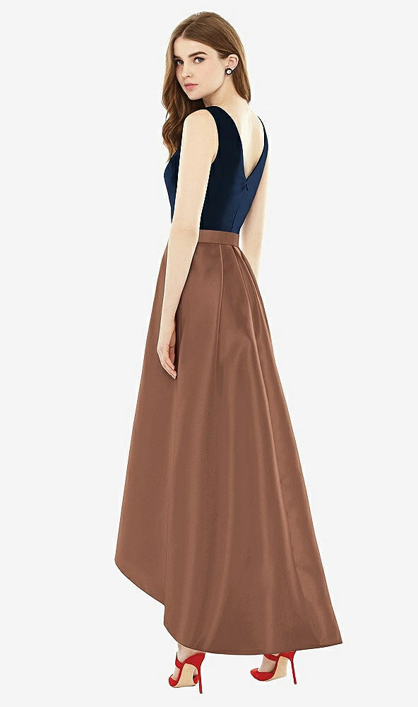 Back View - Cognac & Midnight Navy Sleeveless Pleated Skirt High Low Dress with Pockets