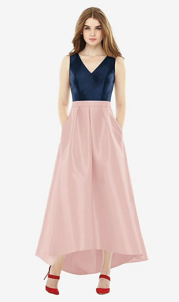 Front View - Rose & Midnight Navy Sleeveless Pleated Skirt High Low Dress with Pockets