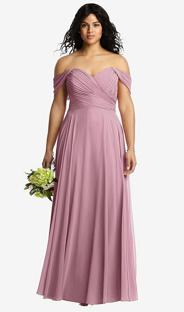 Front View - Dusty Pink Off-the-Shoulder Draped Chiffon Maxi Dress