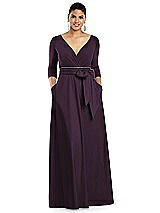 Front View Thumbnail - Aubergine & Aubergine Three-Quarter Sleeve Draped Full Skirt Dress