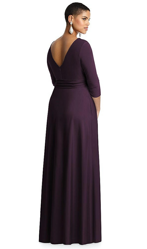 Back View - Aubergine & Aubergine Three-Quarter Sleeve Draped Full Skirt Dress