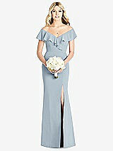 Front View Thumbnail - Mist Off-the-Shoulder Draped Ruffle Faux Wrap Trumpet Gown