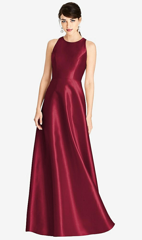 Front View - Burgundy Sleeveless Open-Back Satin A-Line Dress