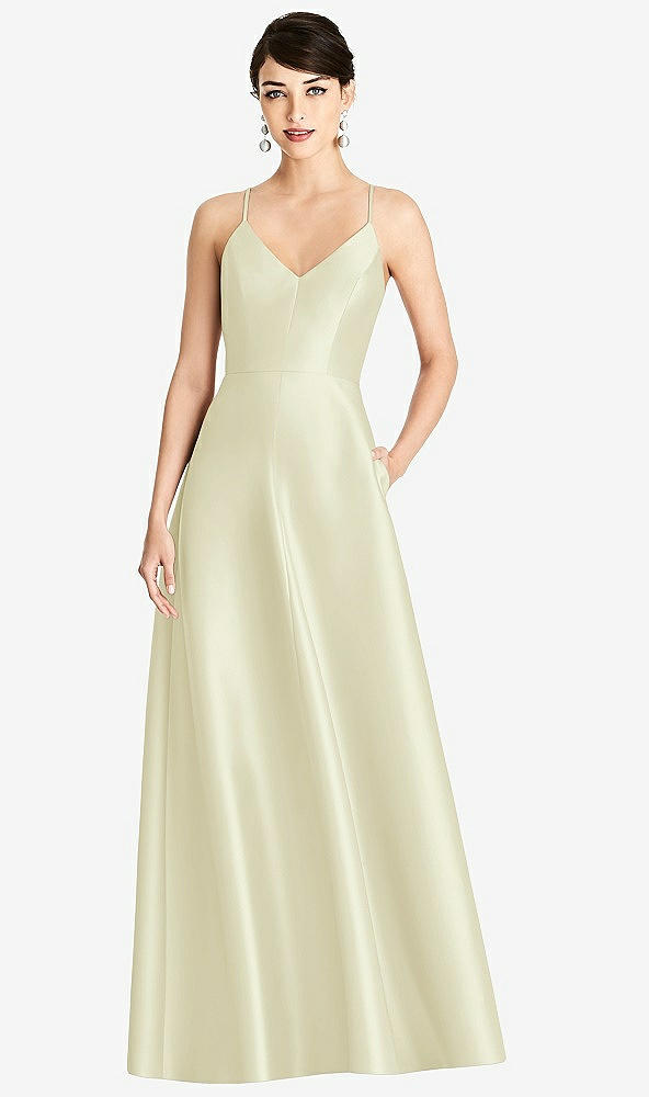 Front View - Butter Yellow V-Neck Full Skirt Satin Maxi Dress