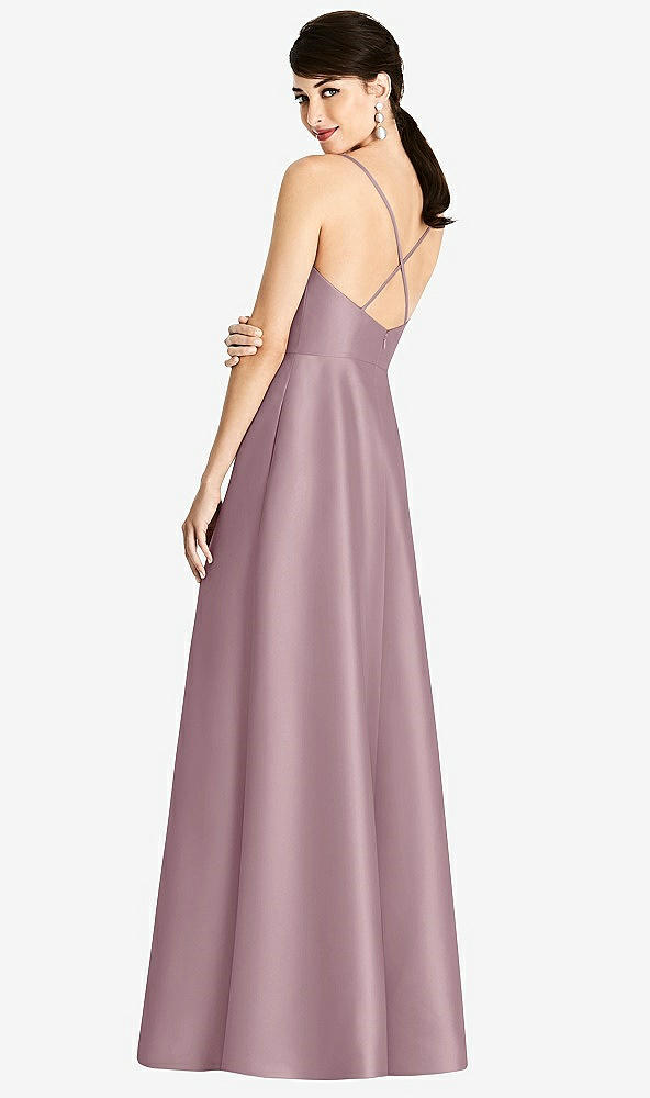 Back View - Dusty Rose V-Neck Full Skirt Satin Maxi Dress