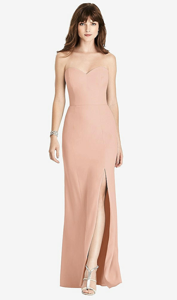 Front View - Pale Peach Strapless Crepe Trumpet Gown with Front Slit