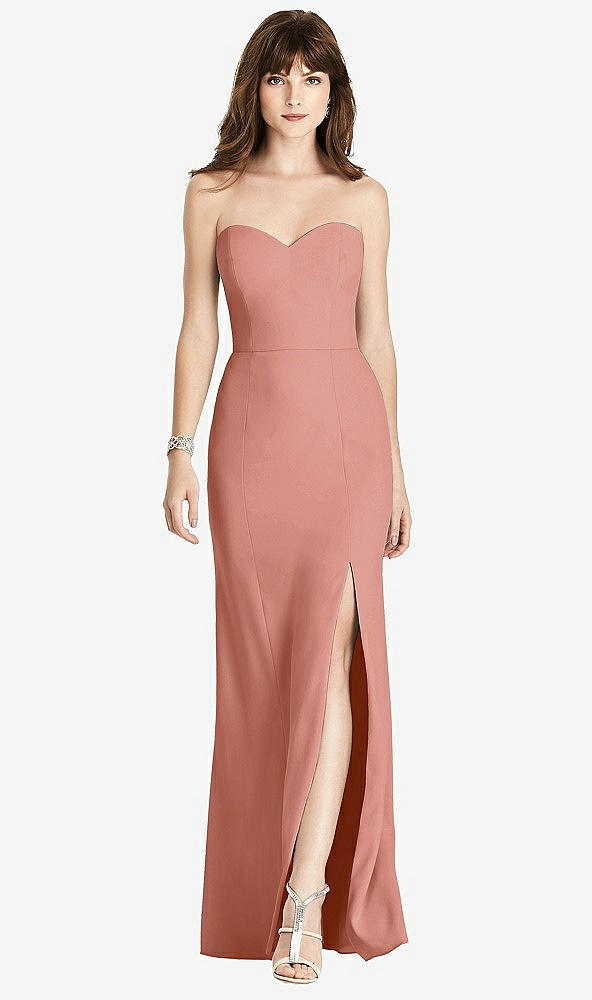 Front View - Desert Rose Strapless Crepe Trumpet Gown with Front Slit