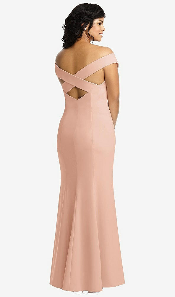 Back View - Pale Peach Off-the-Shoulder Criss Cross Back Trumpet Gown