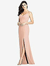 Front View Thumbnail - Pale Peach Seamed Bodice Crepe Trumpet Gown with Front Slit